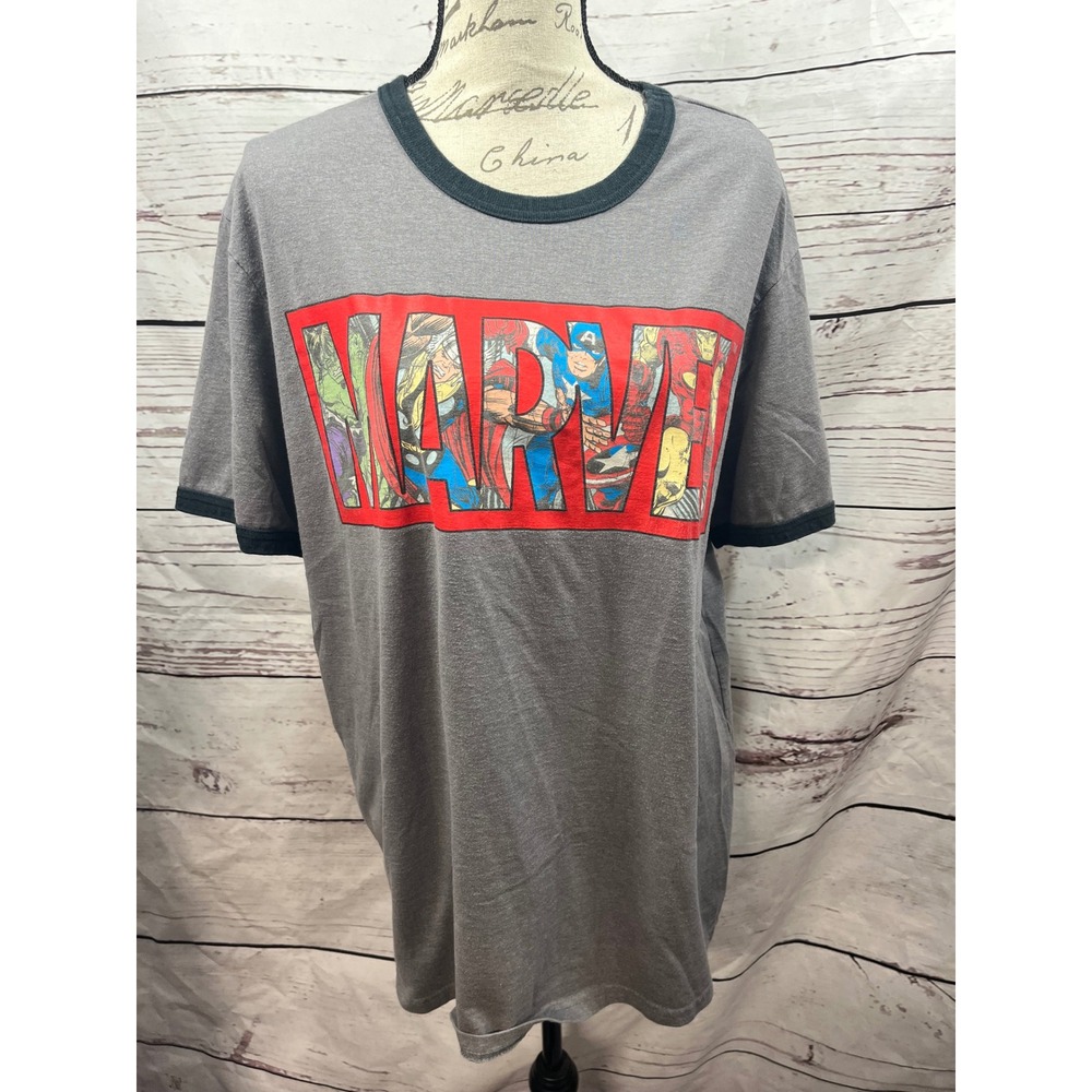 Disney Store Marvel Comics‎ Graphic Ringer T-Shirt Mens XL Grey Avengers Logo